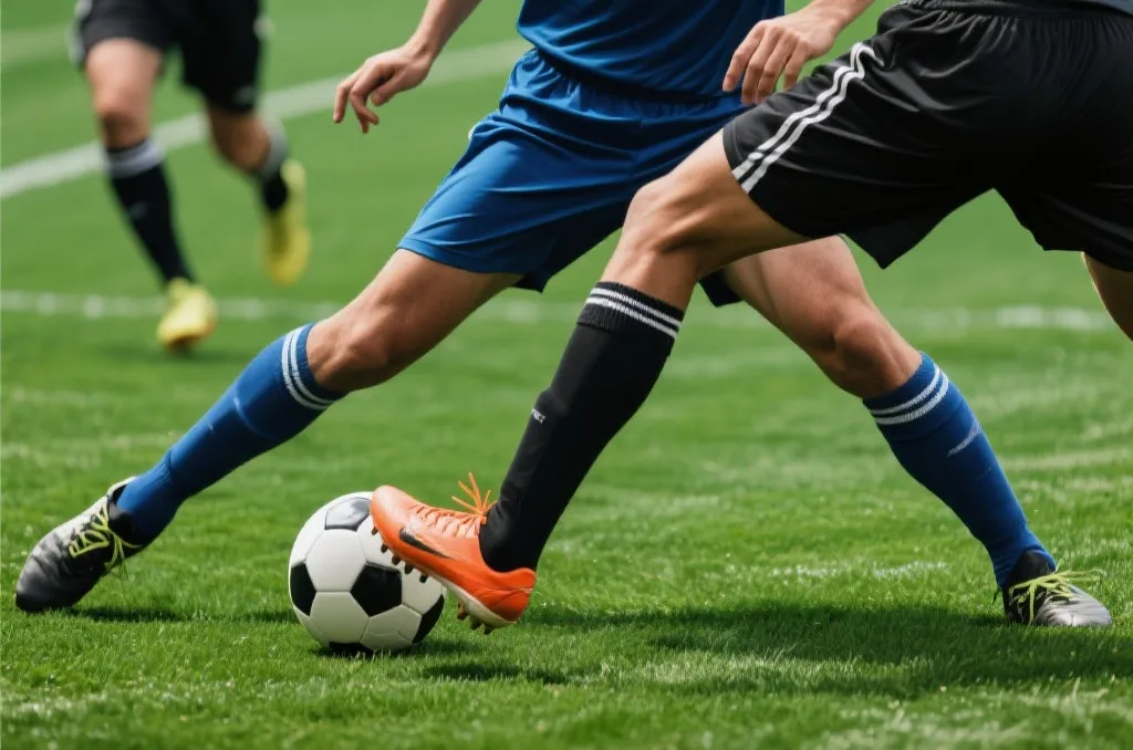足球运动员在绿茵场上的激烈对抗特写